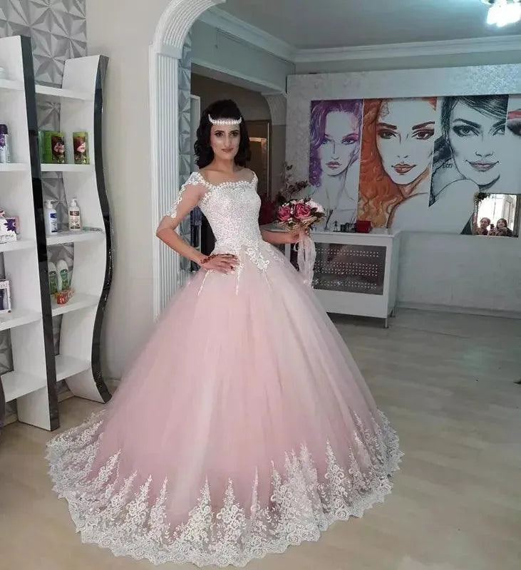 Quince Dress | Sweet 16 Year Half Sleeves Ball Gown Quinceanera Dresses Charming Appliques High Neck Court Train Vestido Debutante 15 Anos