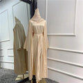 Muslim Women Open Abaya Satin 3/4 Piece Suits Arabic Turkish Party Evening Outfits Kimono+Wrap+Dress Set Islamic Caftan Vestidos Beige With Scarf