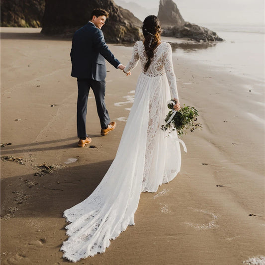 Tilpasset Hippie Boho Beach Elopement Backless Wedding Dress Chiffon Lange ermer Big Size Photoshoot V Neck Lace Bridal Gown