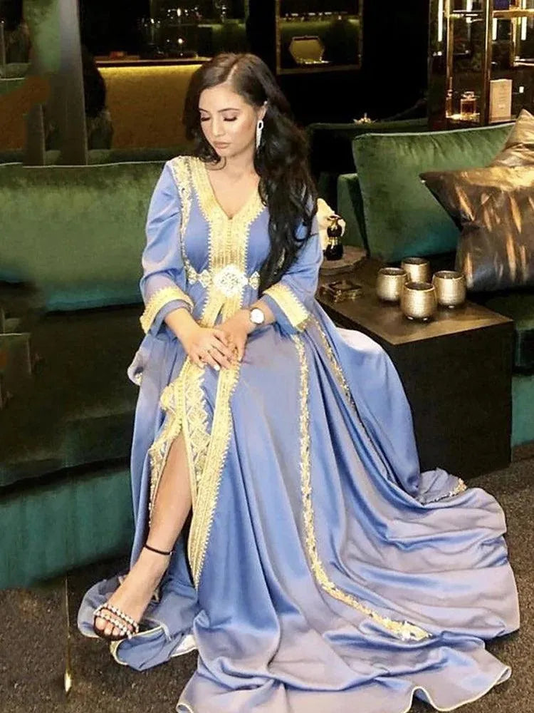 Satin Moroccan caftan Evening Dresses V Neck Lace Mother Dress Arabic Muslim Special Occasion Dresses Party Gowns As Picture