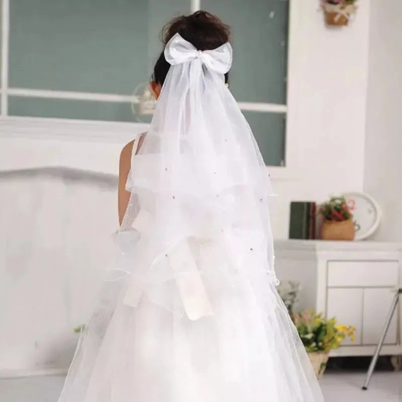 Handmade Double Layer Flower Girls Wedding Veils Cute Rhinestone Bowknot Costume