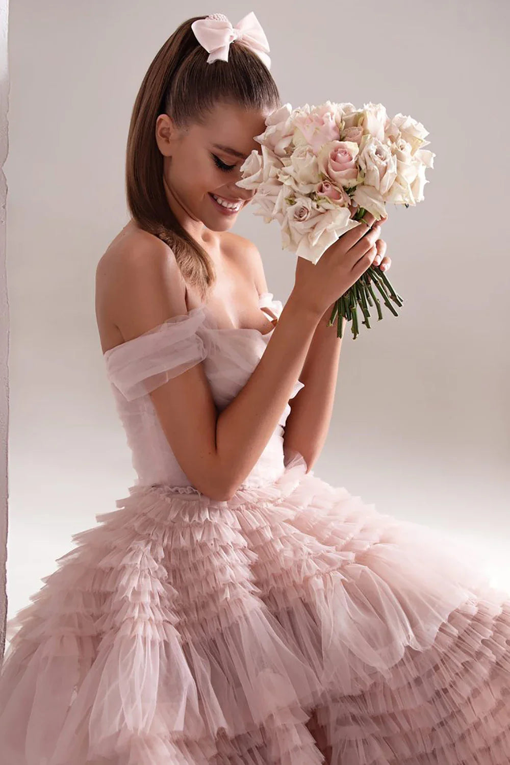 Dusty Pink Long Prom Dresses Sweetheart Crumpled Tulle Ruffles Evening Dresses Off Shoulder Tiered A-Line Party Dress