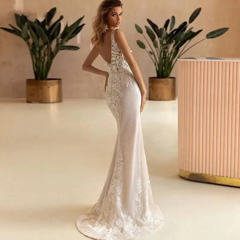 Sexy V-Neck Mermaid Wedding Dresses Lace Boho Backless Bride Gowns With Detachable Train Tulle Sleeveless Robe De Mariée Boho Mermaid