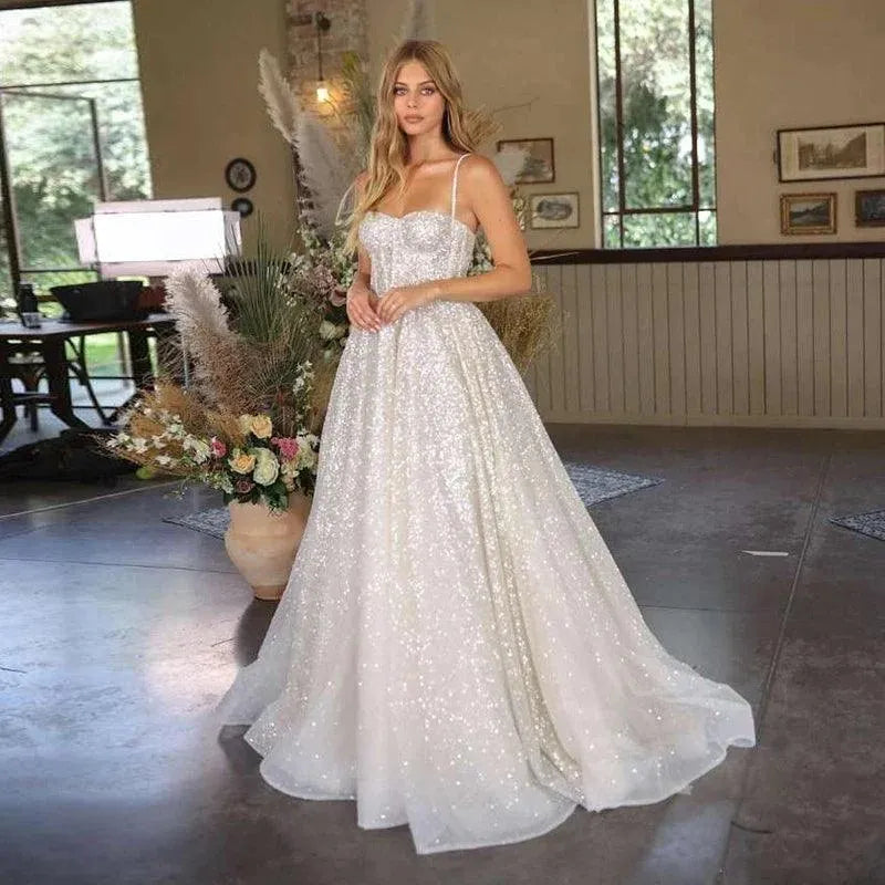 Shiny Wedding Dresses Boho Sweetheart Sequin Spaghetti Strap A-Line Princess Wedding Bridal Gown As Picture