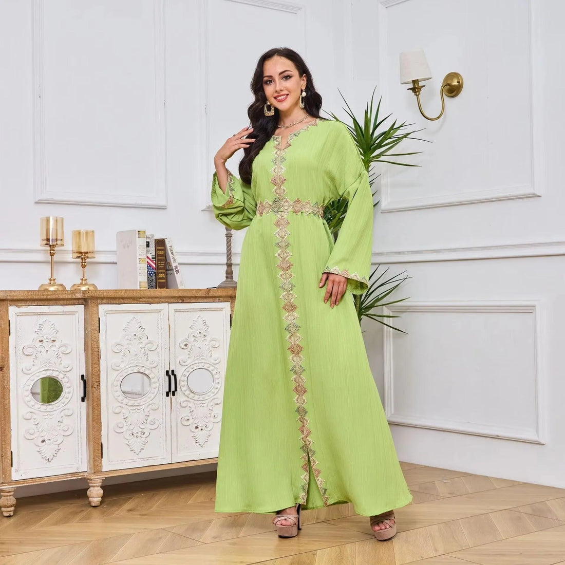 Dubai Abaya Woman Muslim Fashion Solid Belted Clothing Tape Trim Full Sleeve Notched V-Neck Elegant Islamic Long Dress Green Dress