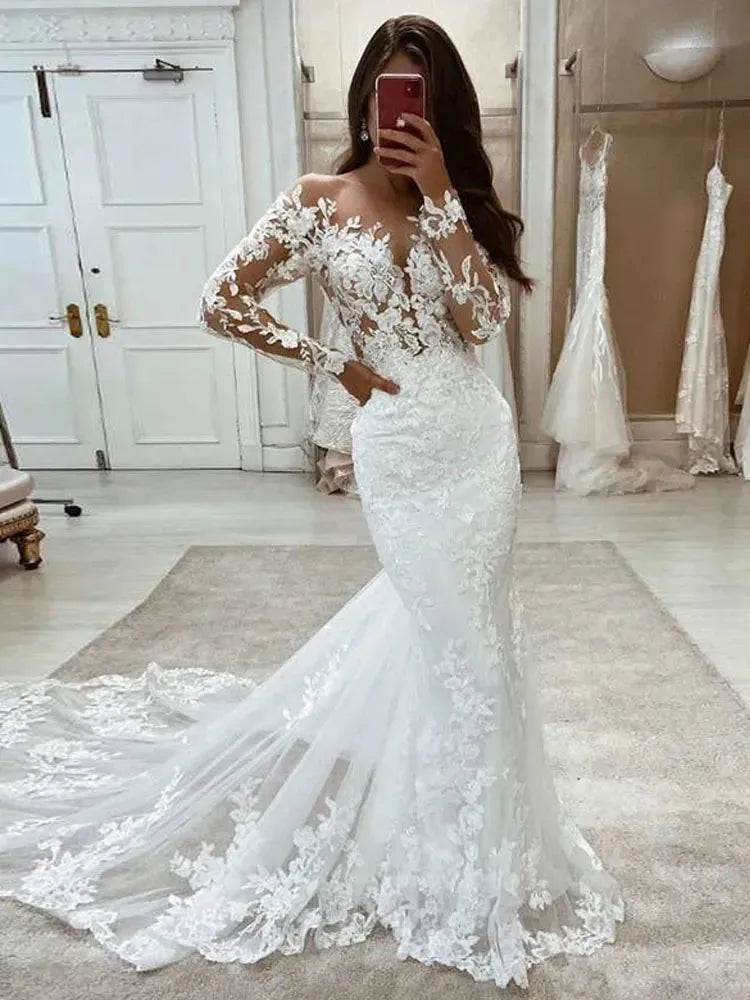 Boho Wedding Dresses Mermaid Lace Long Sleeves Wedding Gown Vintage White Ivory Custom Made Luxury Bridal Dress Custom Colors Boho