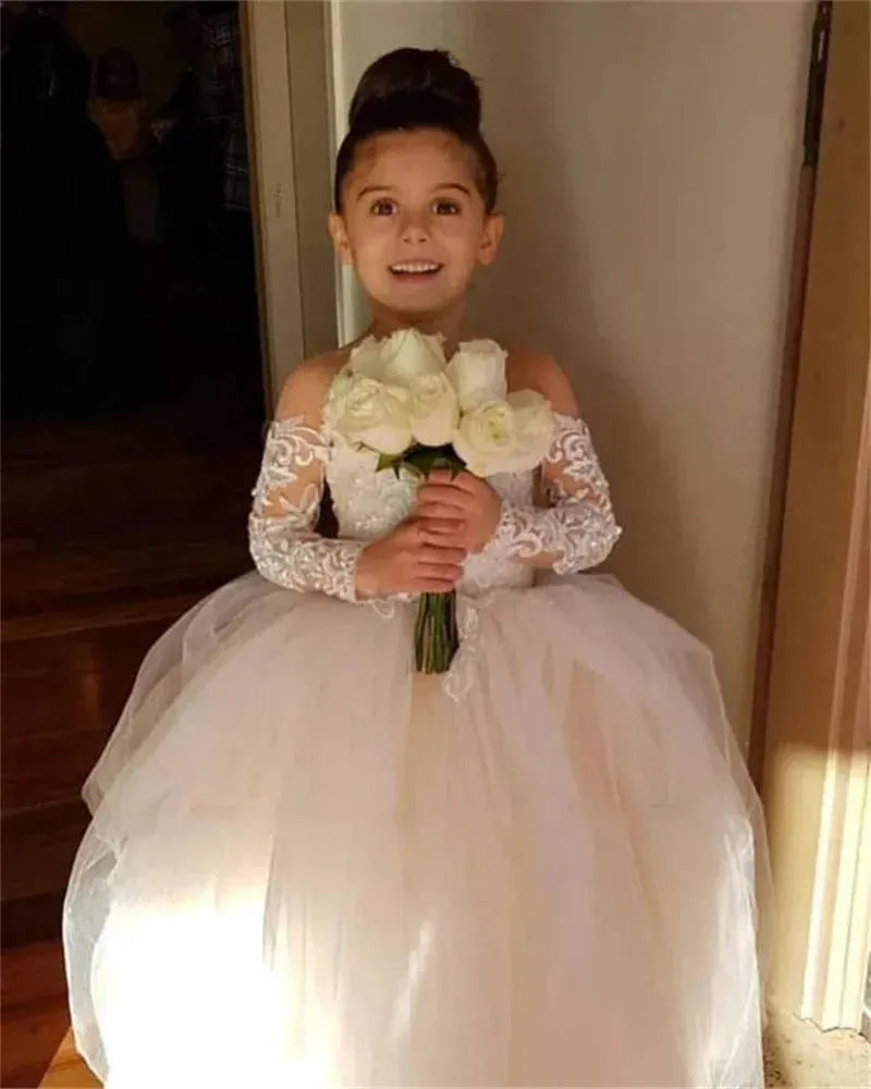 Cute Ball Gown Bow Back Flower Girl Dresses For Weddings Appliques Long Sleeves Princess Tulle Girl's Ceremonial Dress Vestido