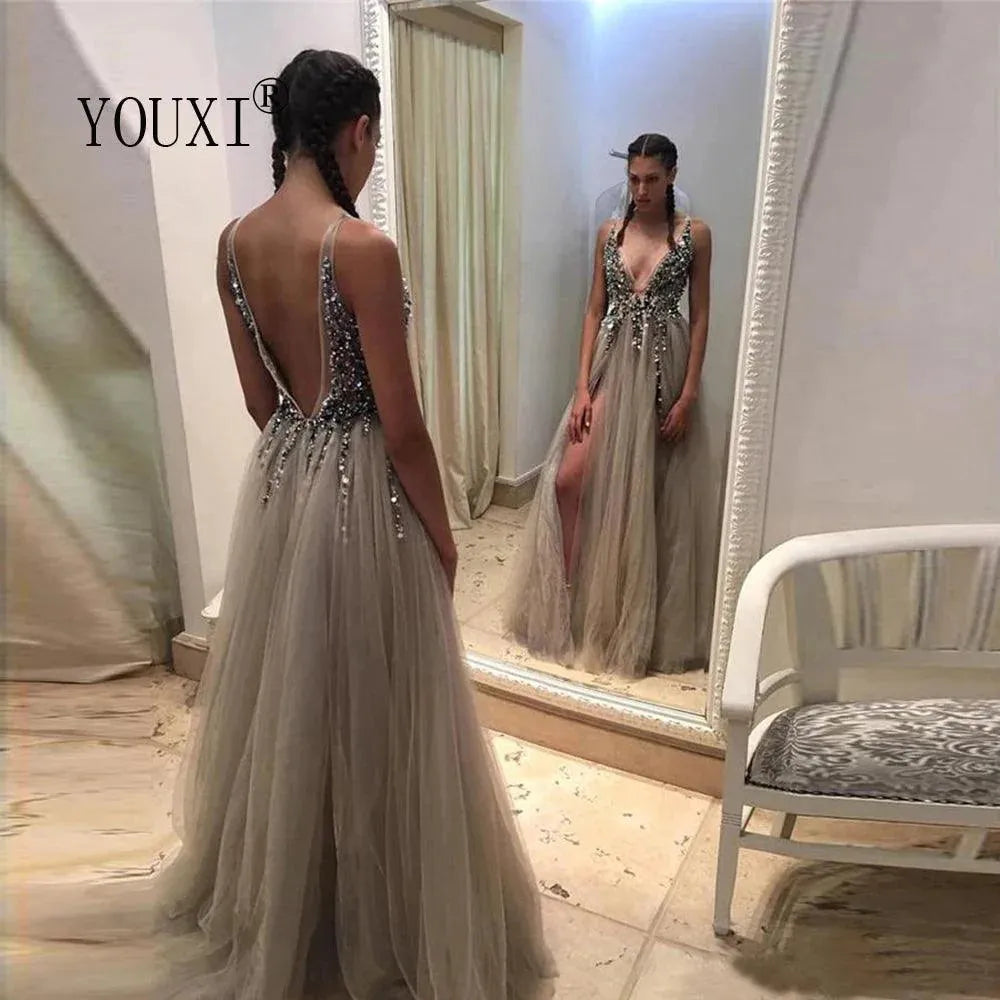 Customized Beading Prom Dresses Long V Neck High Split Tulle Sweep Train Sleeveless Evening Gown Backless Vestido