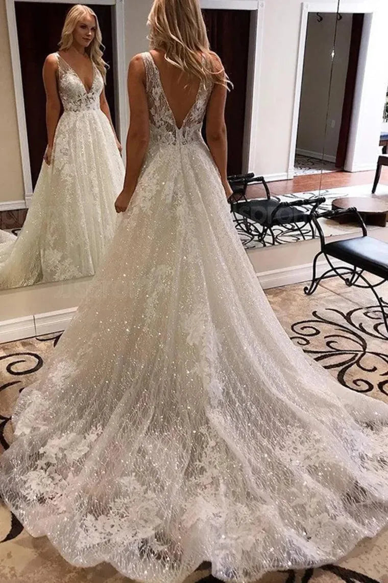 LORIE Ivory Lace Glitter Wedding Dresses Shiny Tulle Beach Bridal Dresses Boho Elegant Wedding Party Gowns Open Back Long Train Boho