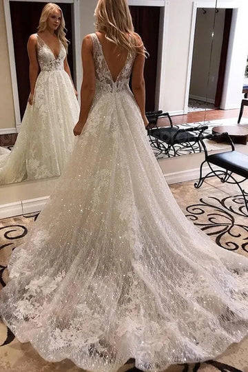 LORIE Ivory Lace Glitter Wedding Dresses Shiny Tulle Beach Bridal Dresses Boho Elegant Wedding Party Gowns Open Back Long Train Boho