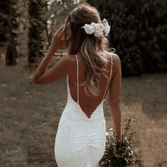 Vestidos de noiva de sereia boho tiras de espaguete tira de renda backless praia sexy deco