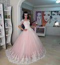 Quince Dress | Sweet 16 Year Half Sleeves Ball Gown Quinceanera Dresses Charming Appliques High Neck Court Train Vestido Debutante 15 Anos Pink