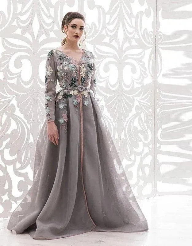 Long Evening Dresses Charming 3D Flowers Dubai Moroccan Kaftan Vestido De Fiesta De Boda Formal Robes De Soirée