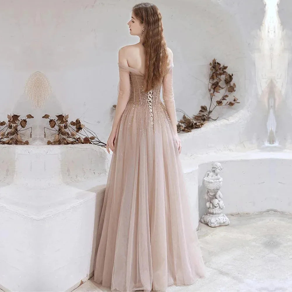 Customized Gorgeous Evening Dresses Nude Pink Sexy Off Shoulder Beaded Beading Sequined Long Sleeve Formal Gown As Picture