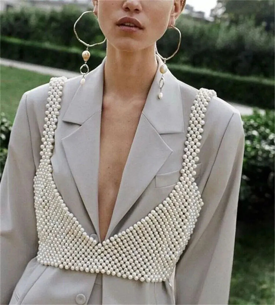 2025 High Street Deep V Neck Pearl Vest Women Fashion Crop Top Ladies White Sleeveless Sexy Club Tank Top Blusas