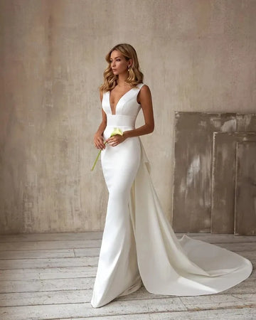 Abito da sposa sireaned treno staccabile brow a v-scollo a v-torto avorio bianco boho semplice abito da sposa senza maniche vestidos de nolia