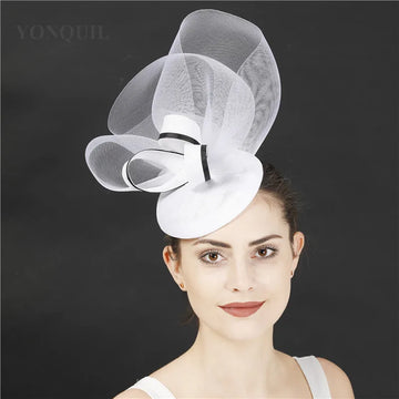 Lindo casamento de noiva fascinador malha chapéu branco banda de cabelo mulheres ocasião