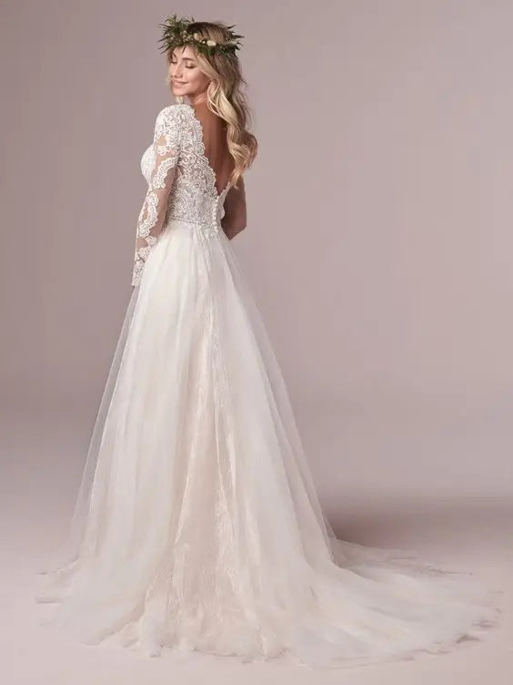 Una linea abiti da sposa a maniche lunghe abiti da sposa tulle in pizzo lungo avorio vestido de nolia aperta posteriore свадебное identi