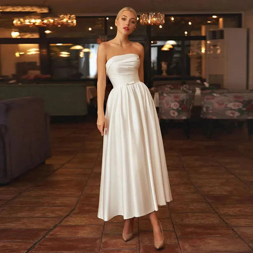 Vintage Satin Wedding Dresses With Pockets Strapless Ankle-Length Simple Bride Dress Lace-Up Back Vestidos Novia Robr De Mariee 14W