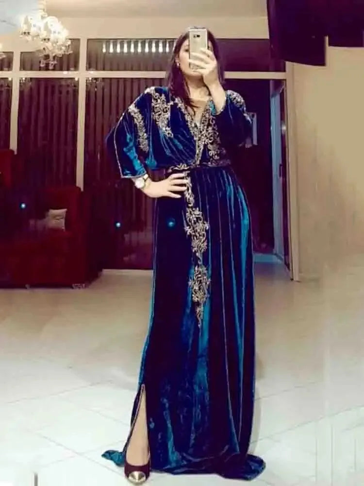 Blue Moroccan Caftan Formal Evening Dresses Bat Sleeve Muslim Party Dress V Neck Dubai Special Occasion Gowns As Picture