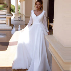 Elegant V-Neck Chiffon Wedding Dress Long Sleeves Simple Wedding Gowns Backless  Bridal Gown For Women Robe De Mariee