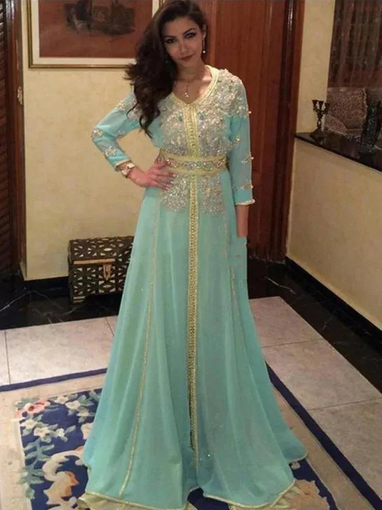 Moroccan caftan Evening Dresses Gold Lace Appliques Mint Green Arabic Muslim Special Occasion Dress Evening Party Gowns