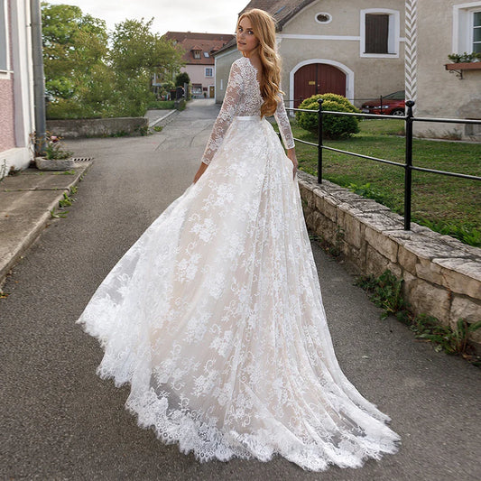 Elegante Volle Spitze Champagner Brautkleider Sexy V-ausschnitt Illusion Langarm Boho Strand Brautkleid 