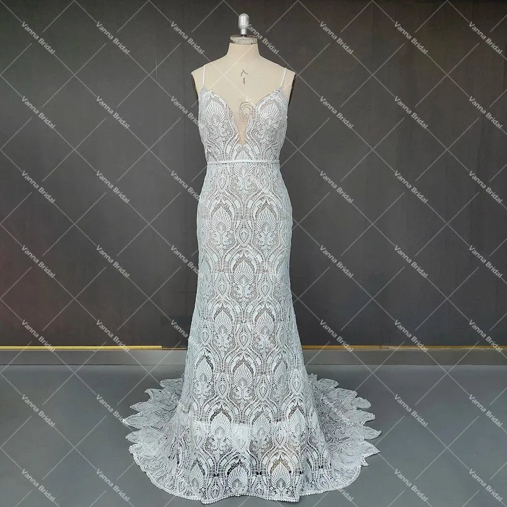 Spaghetti Strap Lace Mermaid Wedding Dress Boho Beach Rustic Open Back Backless Cut Out Country Sweep Train Bridal Gowns