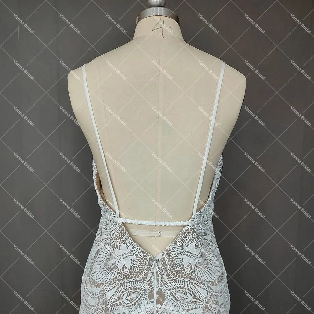Spaghetti Strap Lace Mermaid Wedding Dress Boho Beach Rustic Open Back Backless Cut Out Country Sweep Train Bridal Gowns
