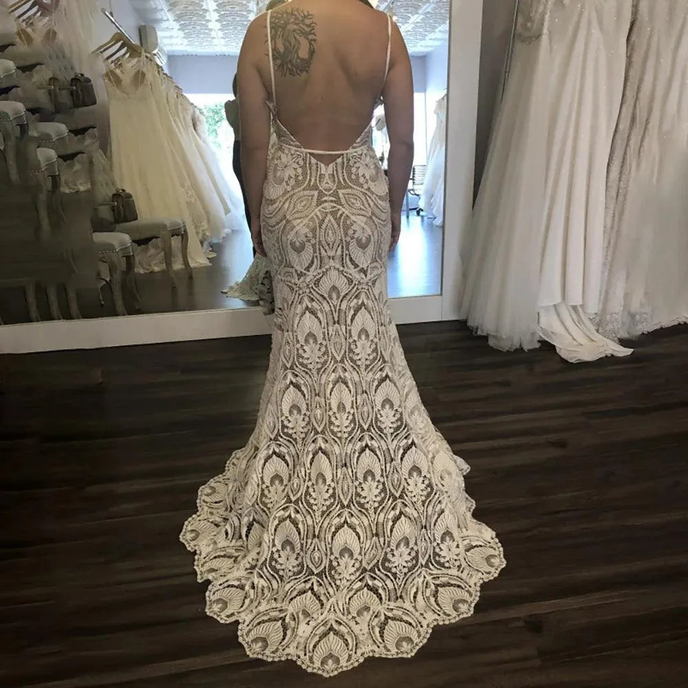 Spaghetti Strap Lace Mermaid Wedding Dress Boho Beach Rustic Open Back Backless Cut Out Country Sweep Train Bridal Gowns