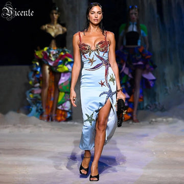 VC Sling Dress Sexy Starfish Pattern Diamond Design Split Fork Sleeveless Square Neck Strap Satin Grace Dinner Party Long Dress