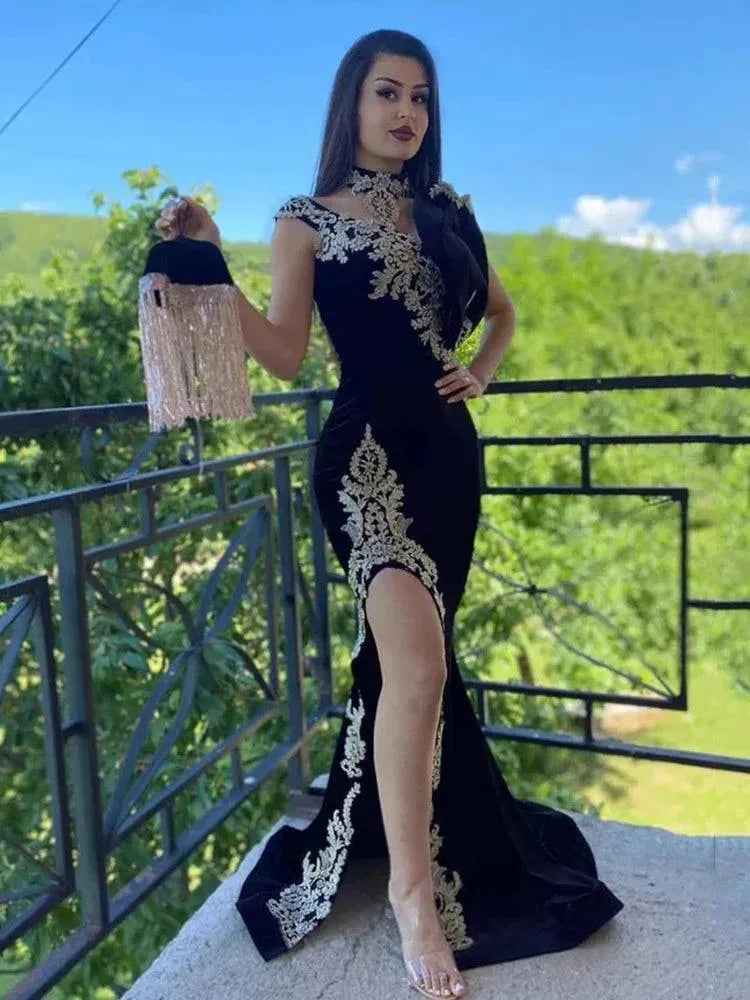 Morocco Caftan Evening Dress 3 pieces Mermaid Prom Dress Sleeveless Velvet Formal Evening Party Dress Side Split Outfit