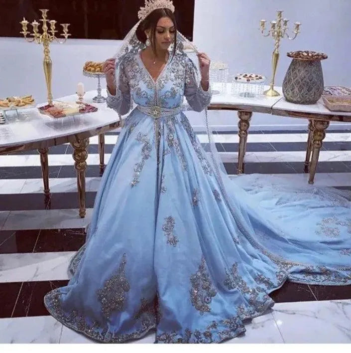 Blue Moroccan caftan Evening Dresses V Neck Appliques Mother Dress Arabic  Muslim Special Occasion Dresses Party Gowns