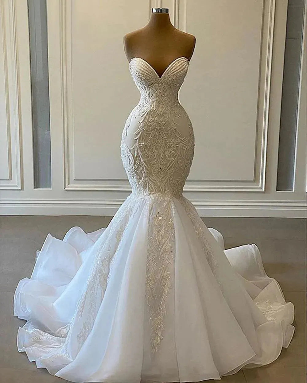 Sexy Sweetheart Mermaid African Wedding Dresses Luxury Beaded Embroidery Women White Organza Bridal Wedding Gowns Ivory