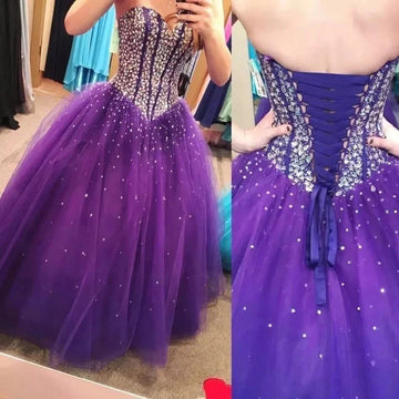 Lila kristall glittrande älskling boll klänning quinceanera klänningar vestidos de 15 anos formella födelsedagsfest klänningar