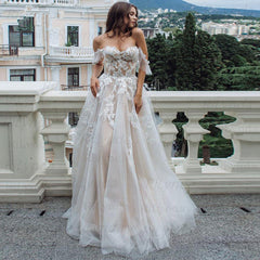 Champagne Boho Abito da sposa Appliques in pizzo Tulle Abiti da sposa in spiaggia senza spalla da spalla Princess Bridal Dress