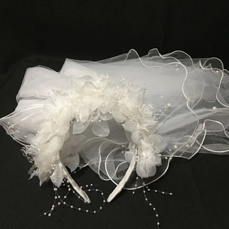 Bride Multi Layer Wedding Veil Headband White Flower Pearl Beading Hair Hoop