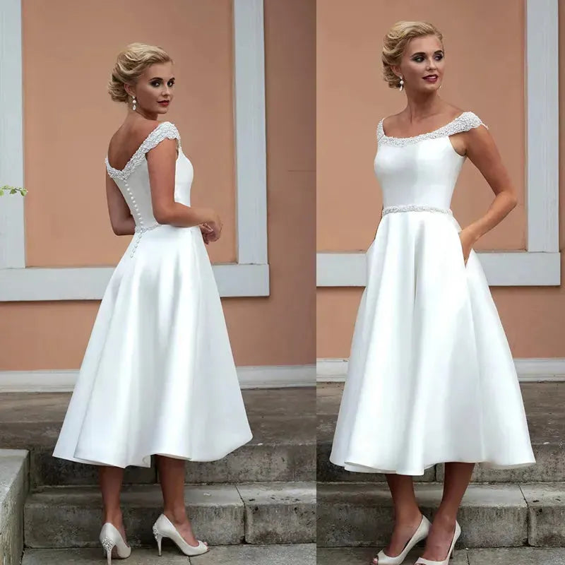 Simple Satin Short Wedding Dresses Knee Length With Crystal Beading Bridal Gowns With Pocket Elegant Scalloped Cap Sleeve White Satin Short Wedding Dress