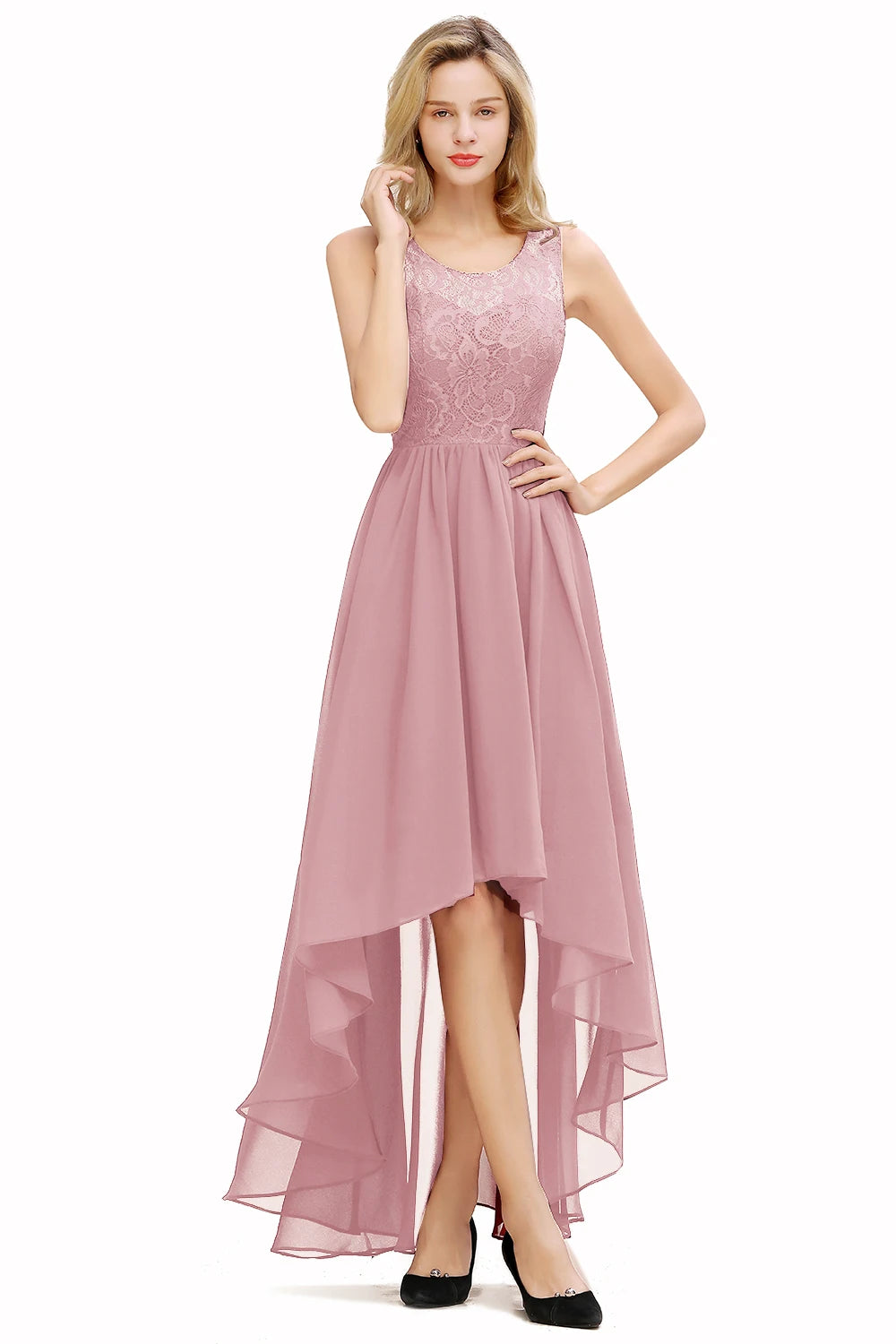 Pink Chiffon Long Bridesmaid Dresses High Low Wedding Guest Party Gown Sleeveless Lace Flower vestido madrinha