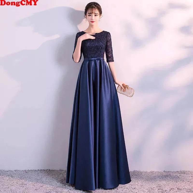 DONGCMY NEW LONG FORMAL EVENING DRESSES ELEGANT LACE SATIN NAVY BLUE VESTIDOS WOMEN PARTY GOWN