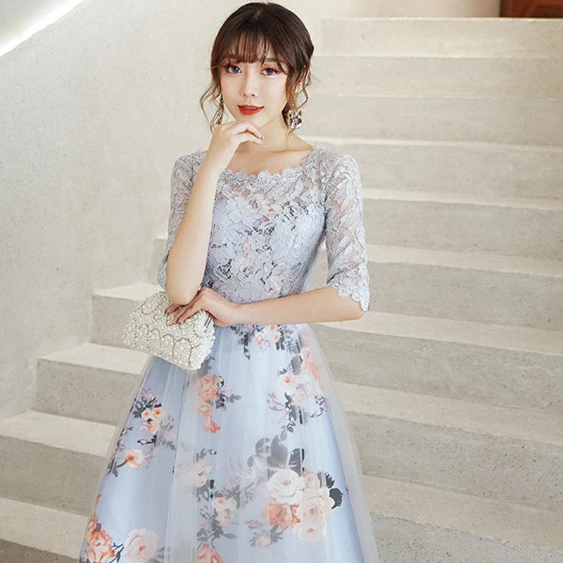 DongCMY Nuevos vestidos elegantes de dama de honor con flores, vestidos cortos de encaje para mujer, vestidos de fiesta, vestidos de novia de media manga 