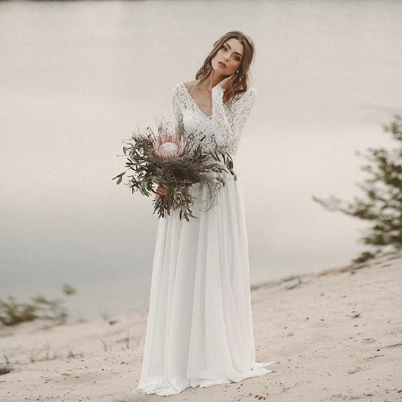 Vestidos de novia de playa, manga larga, escote en V, espalda abierta, vestidos de novia bohemios, vestidos de fiesta de gasa de princesa, cola larga 