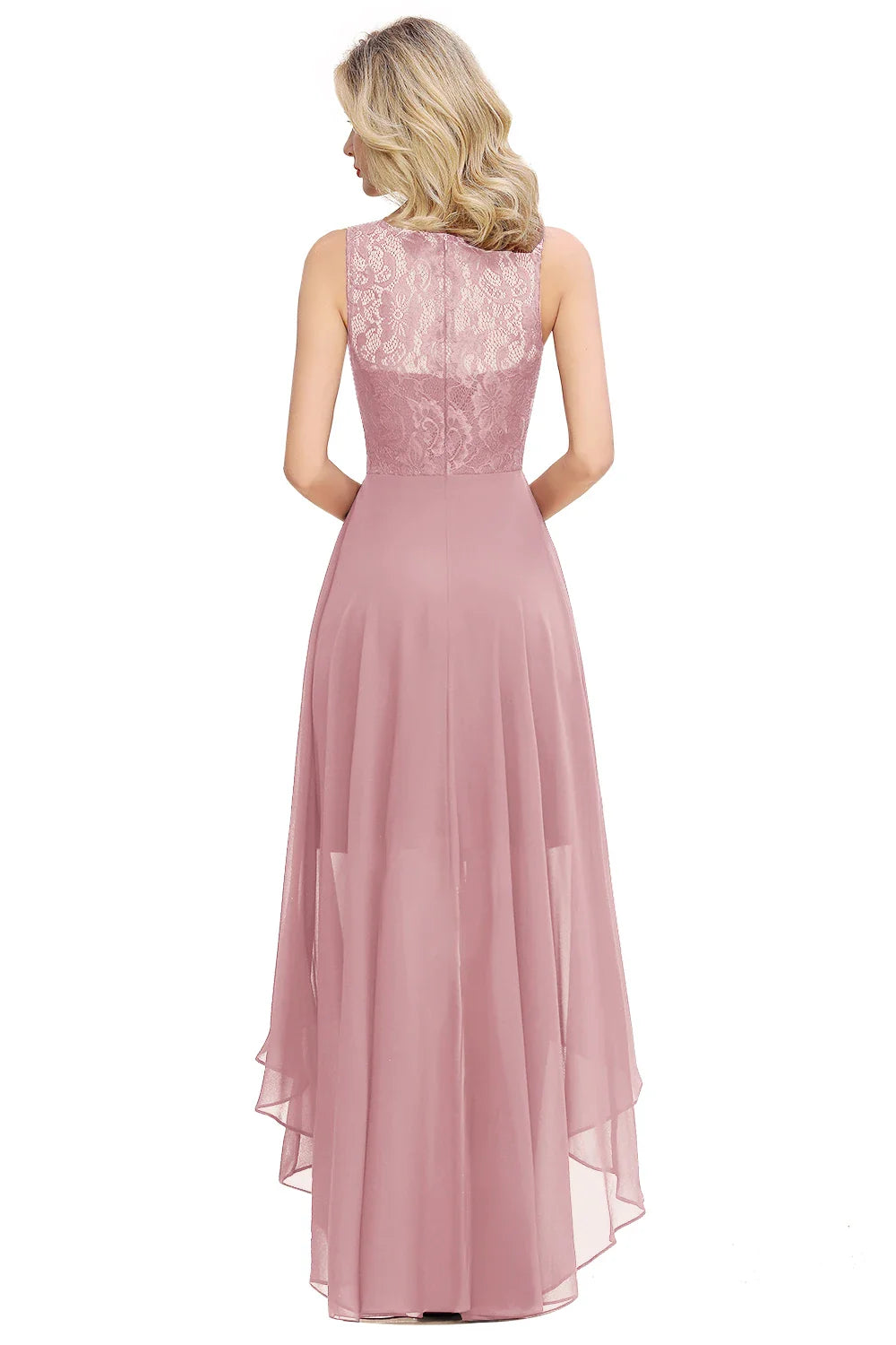 Pink Chiffon Long Bridesmaid Dresses High Low Wedding Guest Party Gown Sleeveless Lace Flower vestido madrinha