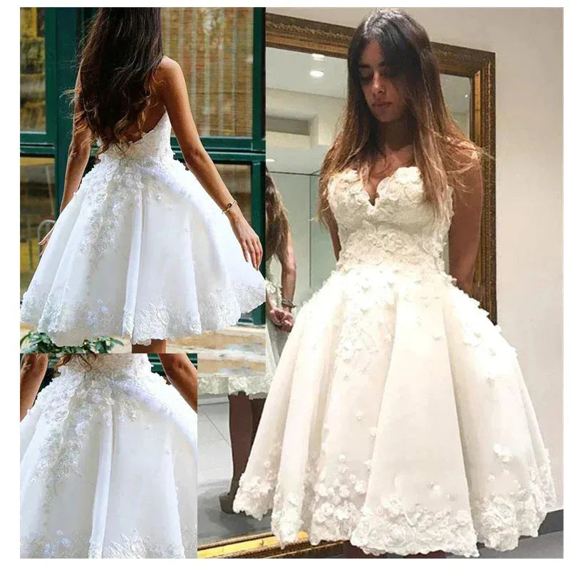 Short Informal Wedding Dress White Bride Dresses vestido de novia 3D Flowers Ball gown Wedding Dresses Champagne Short Wedding Dress