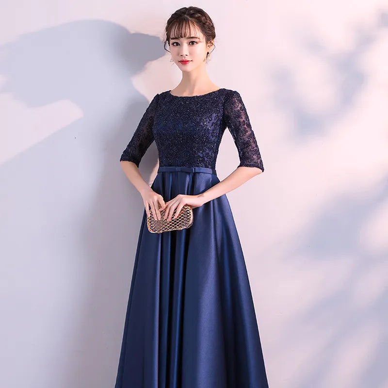 DONGCMY NEW 2024 LONG FORMAL EVENING DRESSES ELEGANT LACE SATIN NAVY BLUE VESTIDOS WOMEN PARTY GOWN