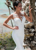 Sexy Mermaid Wedding Dress Sleeveless Lace Appliqued Illusion Back Boho Wedding Gown Long Train Bride Dress Boho