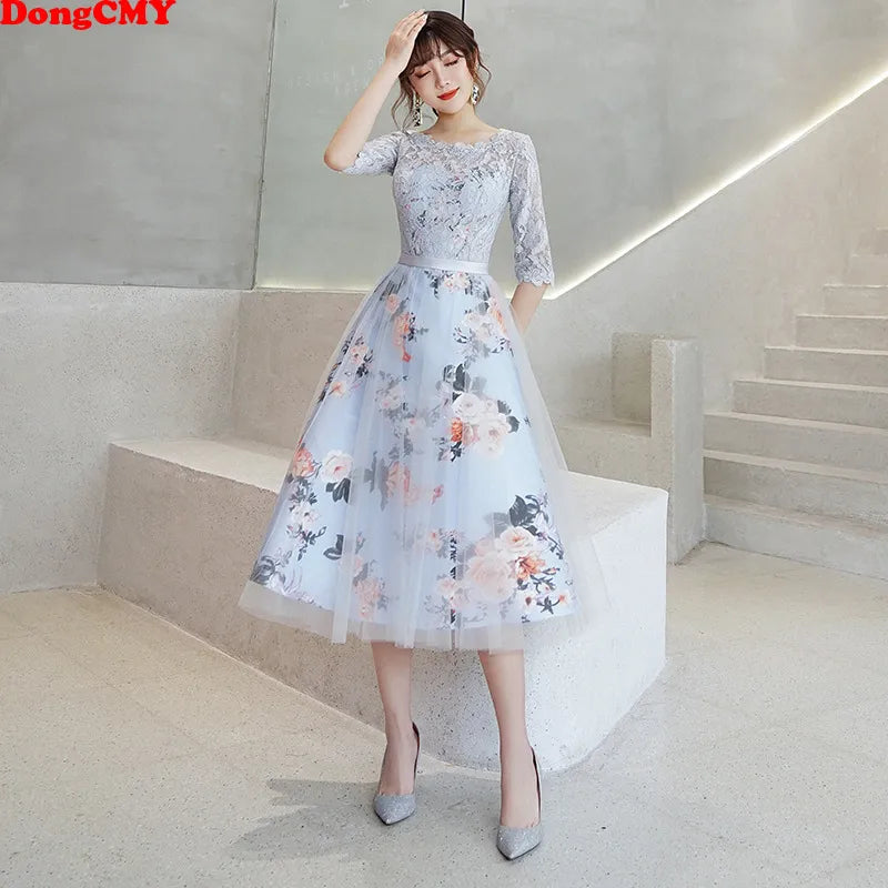 DongCMY New Flower Elegant Bridesmaid Dresses Short Lace Women Party Robe Soiree Half Sleeves Bride Dress