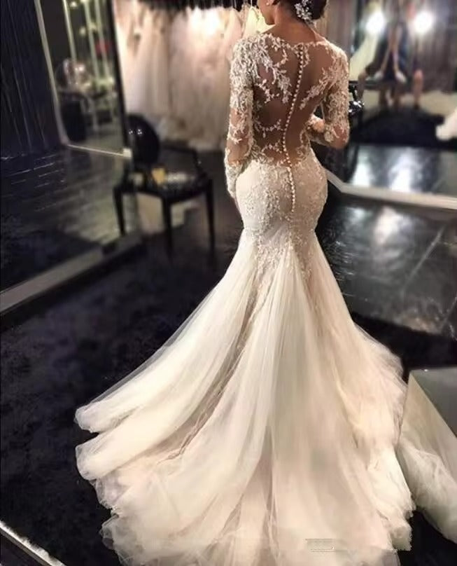 Abiti da sposa sirena di pizzo abiti bianchi Dubai Arabica Africana See attraverso abiti da sposa Abiti da sposa a coda di pesce magri 2024