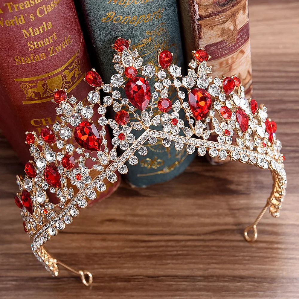 KMVEXO 2020 European Red Green Crystal Big Crown Headwear Bridal Wedding Hair Accessories Jewelry Bride Tiaras Princess Crowns