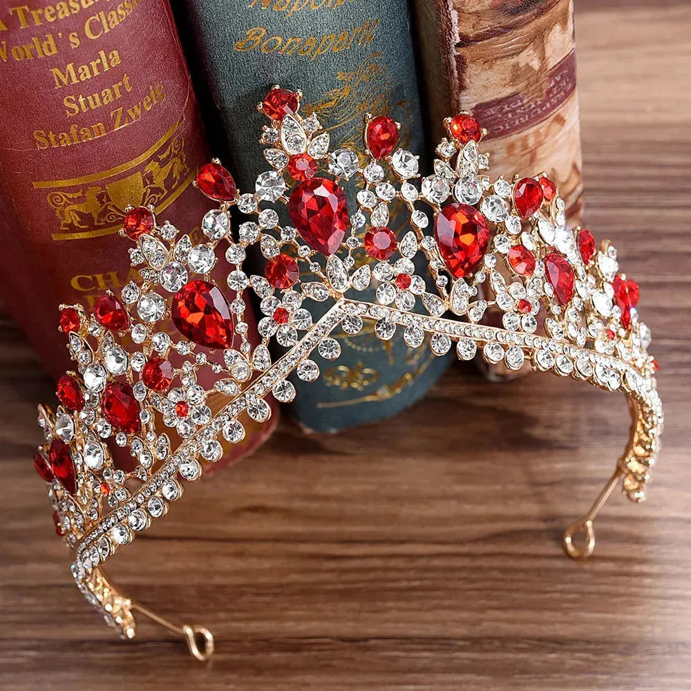 KMVEXO 2020 European Red Green Crystal Big Crown Headwear Bridal Wedding Hair Accessories Jewelry Bride Tiaras Princess Crowns